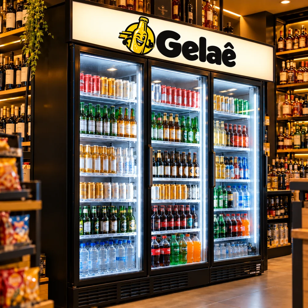 Geladeira da adega Gela e Bebidas cheia de bebidas geladas